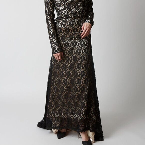 Black Lace Formal Gown Grad Bridesmaid Low Back with Train - Picture 5 of 15